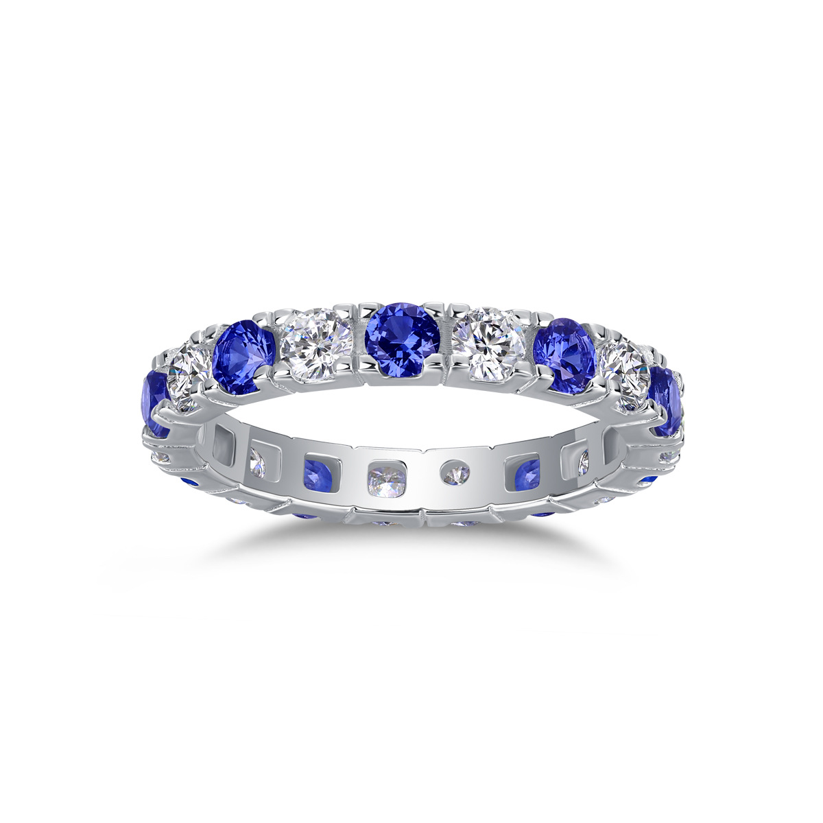 Bold&Chice Blue Sapphire & White Moissanite Eternity Band, Lab Created Diamond Alternating Ring, Unisex S925 Silver Stackable Ring