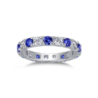 Bold&Chice Blue Sapphire & White Moissanite Eternity Band, Lab Created Diamond Alternating Ring, Unisex S925 Silver Stackable Ring