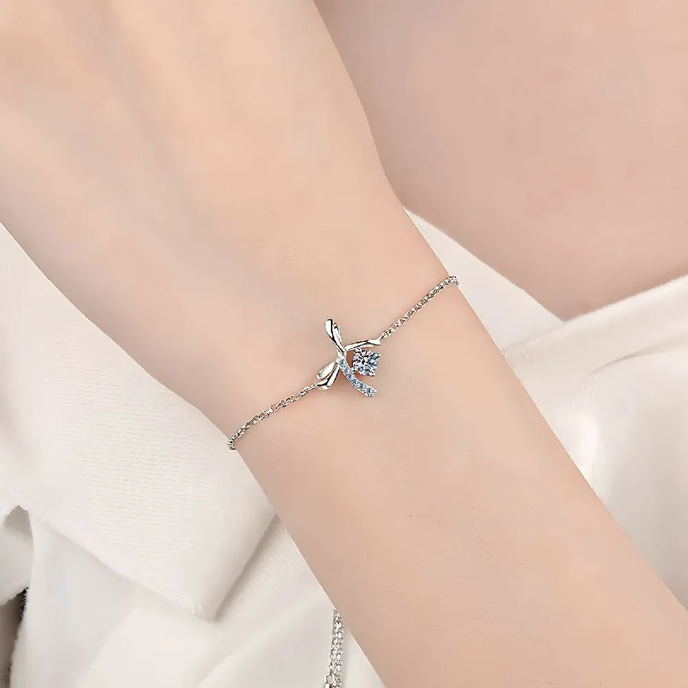 Bold&Chice 0.3CT Lovely Bow Ribbon Pave Moissanite Bracelet, S925 Silver Lab Grown Diamond, Delicate Adjustable Bracelet for Her