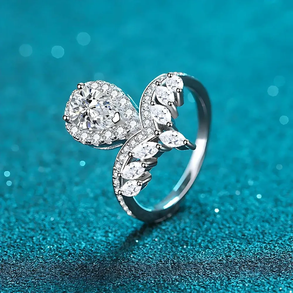 Bold&Chice 1CT Pear Cut Moissanite Crown Ring, Marquise Pave S925 Silver Lab Created Diamond Ring for Women