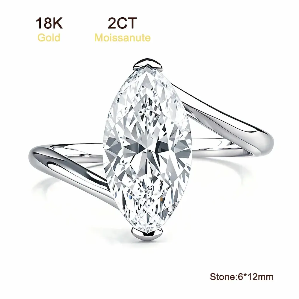 Bold&Chice 2CT Marquise Cut Moissanite Ring, 18K Gold Plated S925 Silver Lab Created Diamond Ring