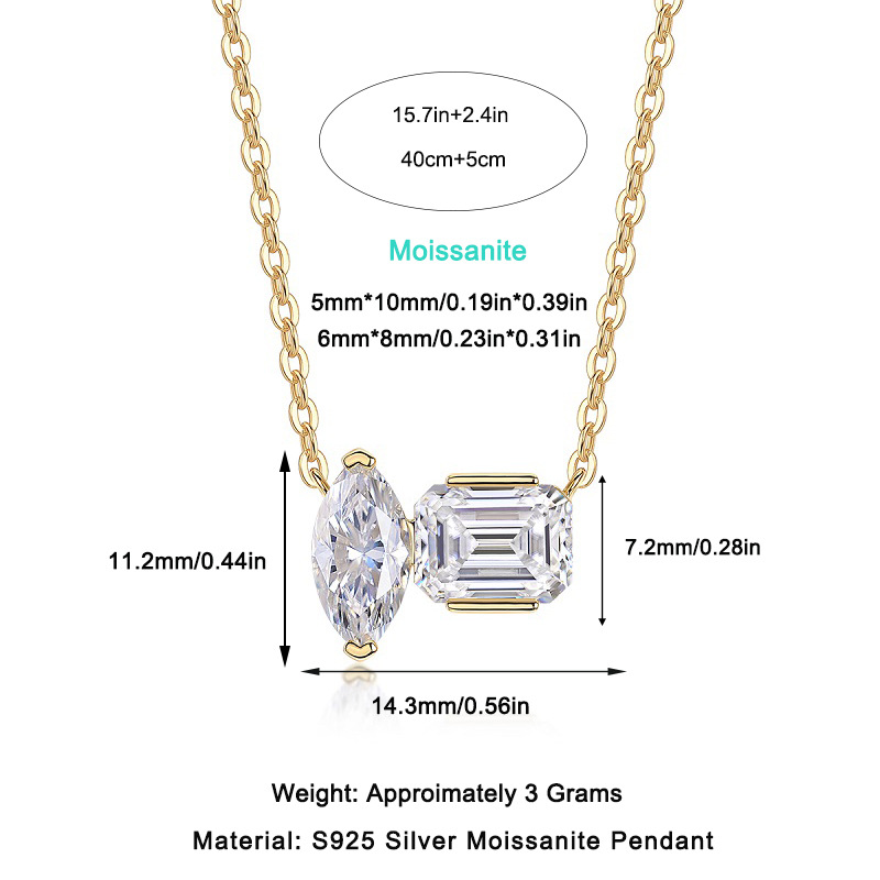 Bold&Chice Two Stone Moissanite Pendant Necklace, Marquise & Emerald Cut Lab Created Diamond Necklace, 18K Gold Plated S925 Silver for Women