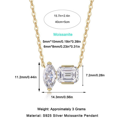 Bold&Chice Two Stone Moissanite Pendant Necklace, Marquise & Emerald Cut Lab Created Diamond Necklace, 18K Gold Plated S925 Silver for Women