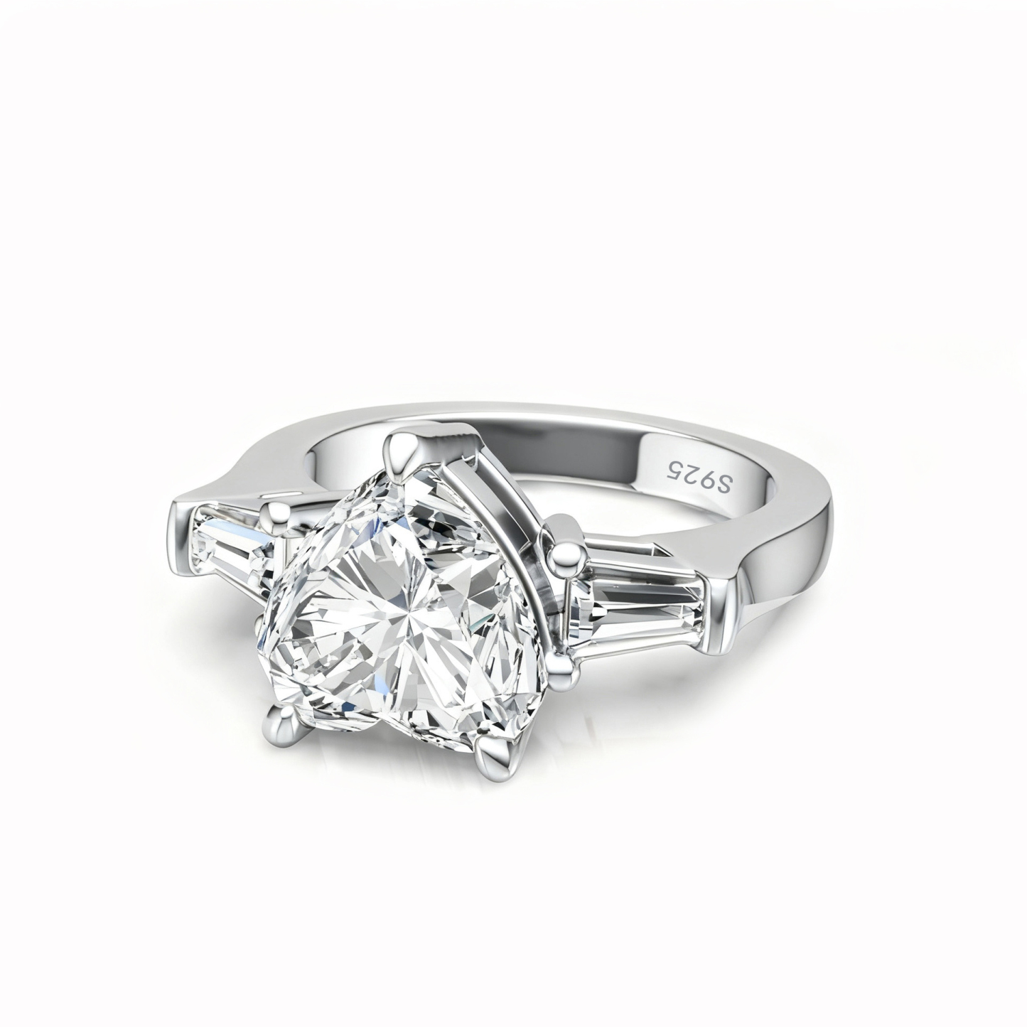 Bold&Chice Heart Cut Moissanite Engagement Ring, Three Stone with Baguette Side Stones, S925 Silver Lab Created Diamond Ring