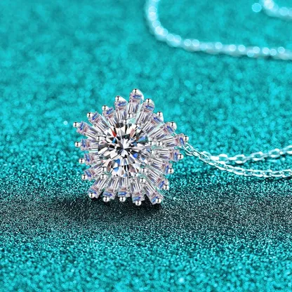 Bold&Chice Gorgeous Sunflower Baguette Moissanite Necklace, S925 Silver Lab Created Diamond, Shiny Floral Statement Necklace for Her