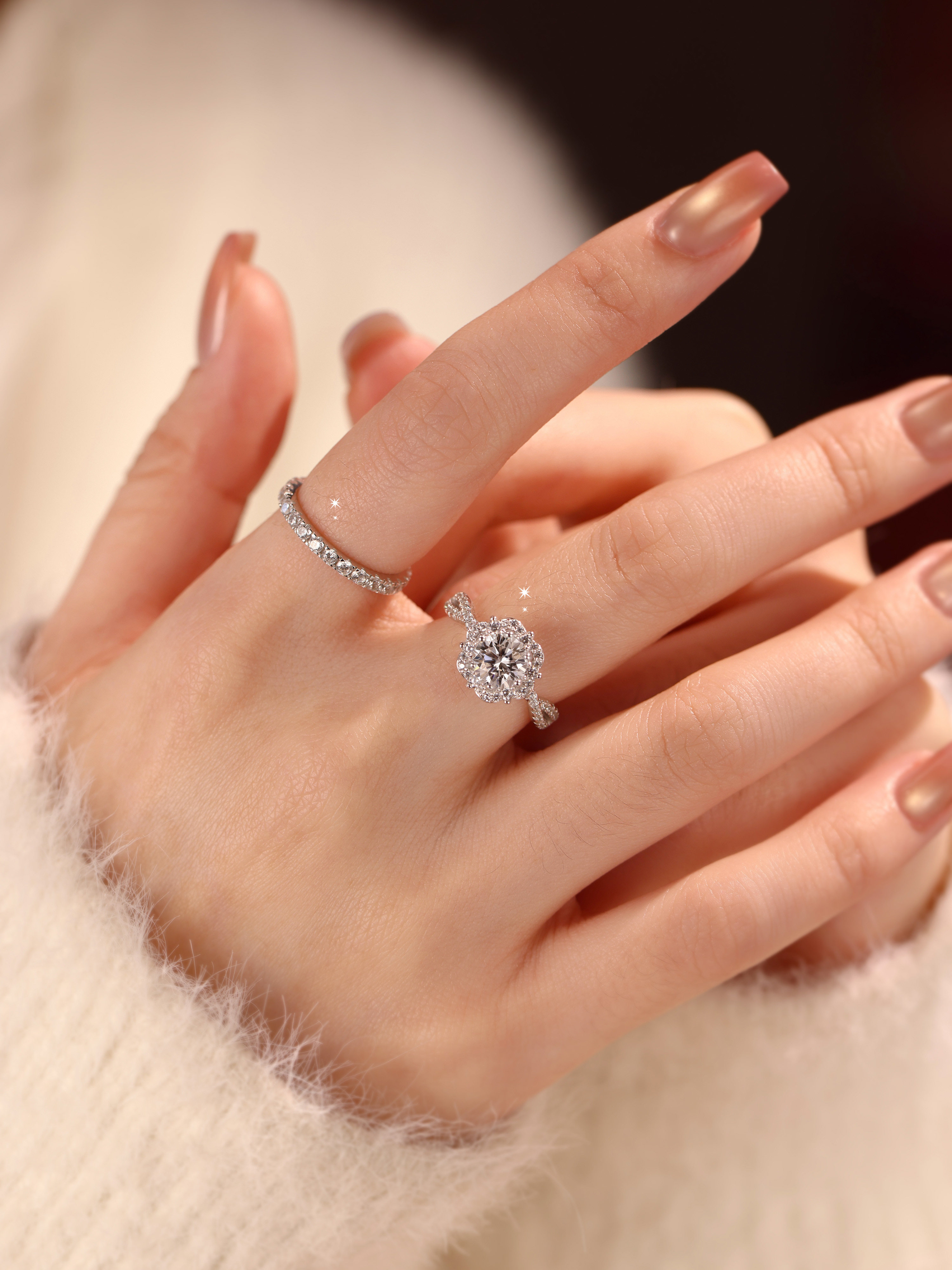 Bold&Chice Elsa Princess Moissanite Ring, Flower Design, Lab Created Engagement Ring