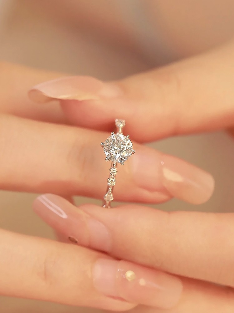 Bold&Chice 0.6CT Round Moissanite Engagement Ring, Delicate Pave Band, S925 Silver Lab Created Diamond Ring for Women