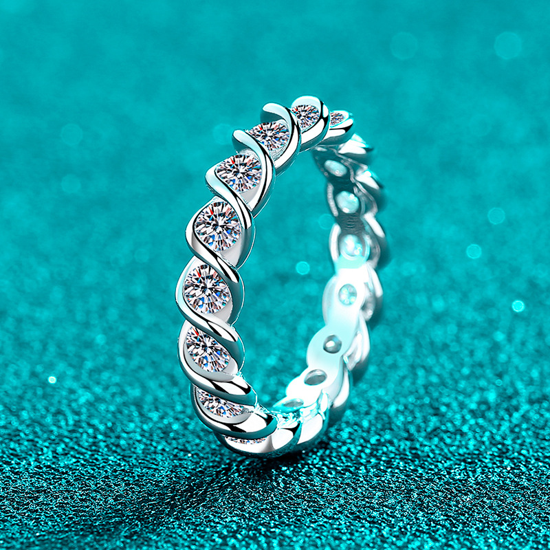 Bold&Chice 1.7CT Twisted Eternity Moissanite Band, Round Cut Lab Created Diamond Ring, Unisex S925 Silver Pave Ring