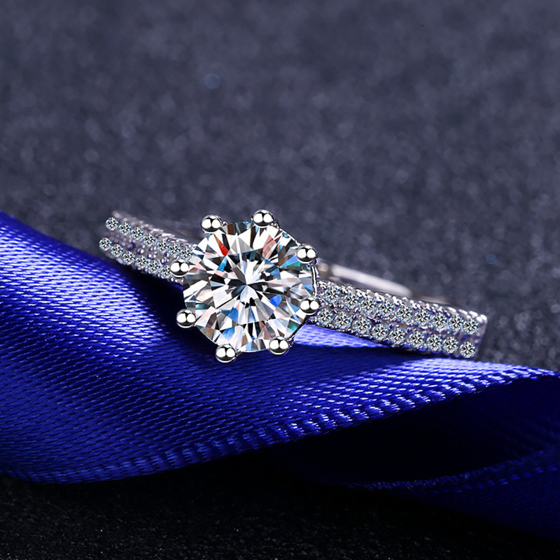 Bold&Chice 1CT Moissanite & Zircon Accent Engagement Ring, 6-Prong Setting with Pave Band, S925 Silver Lab Created Diamond Ring for Women