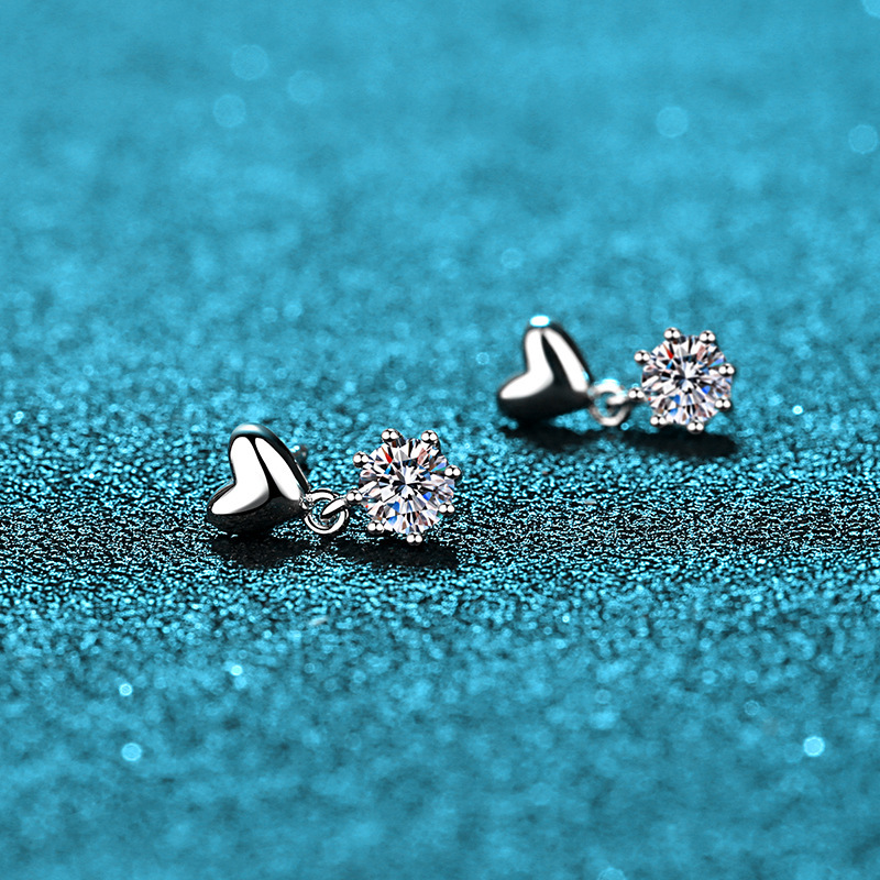Bold&Chice Cute Heart Dangle Moissanite Earrings, S925 Silver Lab Created Diamond, Sweet Solitaire Drop Earrings for Her