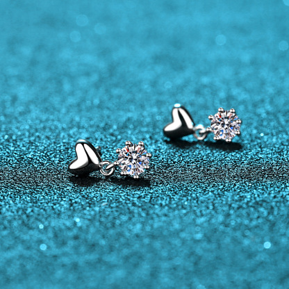 Bold&Chice Cute Heart Dangle Moissanite Earrings, S925 Silver Lab Created Diamond, Sweet Solitaire Drop Earrings for Her