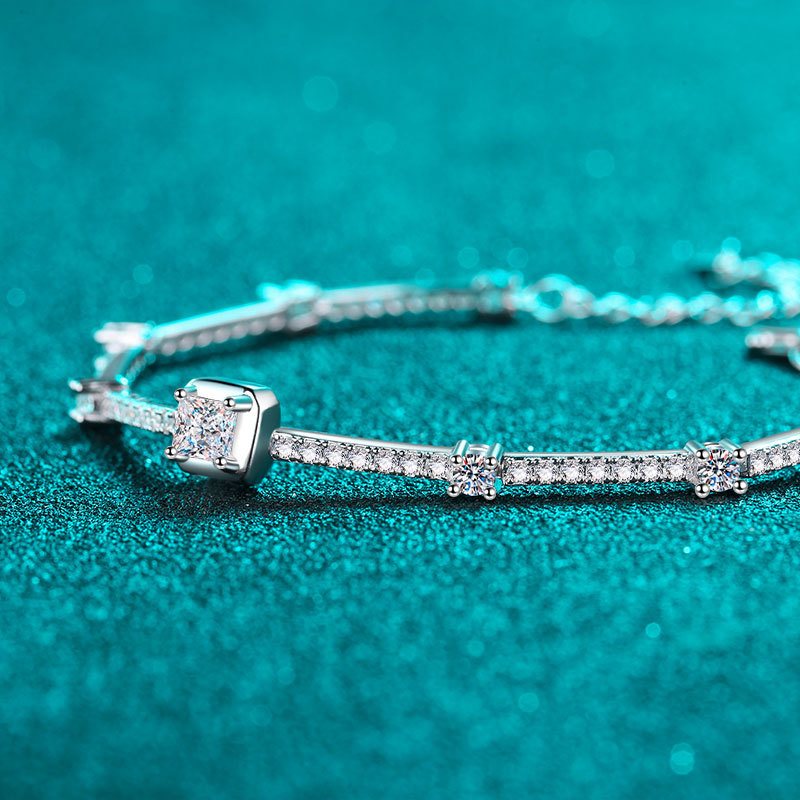 Bold&Chice 1.88CT Full Moissanite Square Bracelet, Pave Adjustable S925 Silver Lab Created Diamond Bracelet for Women