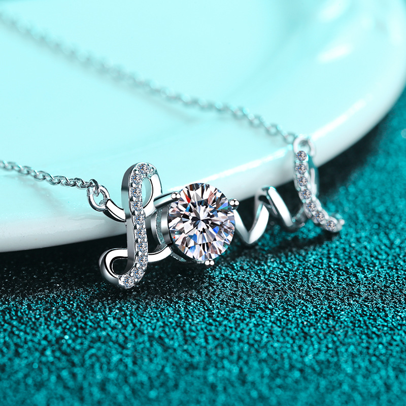 Bold&Chice 1CT Round Moissanite LOVE Pendant Necklace, Pave Cursive S925 Silver Lab Created Diamond Necklace for Women
