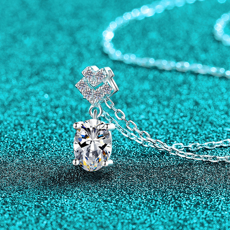 Bold&Chice 1CT Oval Moissanite Pendant Necklace, Heart Pave S925 Silver Lab Created Diamond Necklace for Women