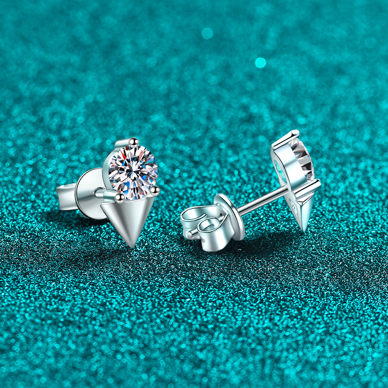 Bold&Chice 0.4/0.6/1CT Round Moissanite Cone Stud Earrings, Edgy Statement Stud Earrings, Triangle Base S925 Silver Lab Created Diamond Earrings for Women