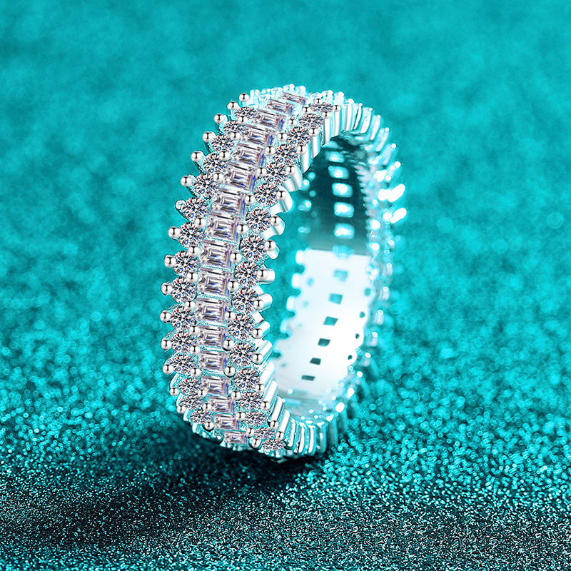 Bold&Chice 2.6CT Double Row Baguette Round Moissanite Eternity Band, Full Pave S925 Silver Lab Created Diamond Ring for Women