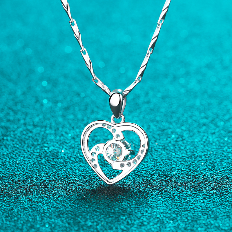 Bold&Chice 0.8CT Romantic Hollow Heart Moissanite Necklace, S925 Silver Lab Created Diamond Necklace, Elegant Twist Pendant Necklace for Her