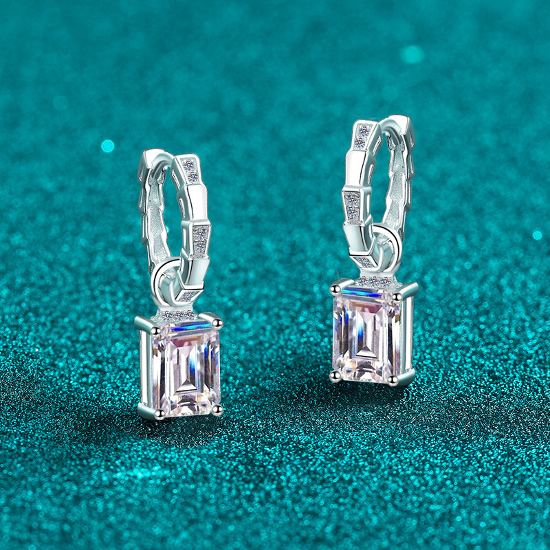 Bold&Chice 4CT Emerald / Radiant Cut Moissanite Drop Earrings, Baguette Huggie S925 Silver Lab Created Diamond Earrings for Women
