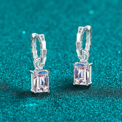 Bold&Chice 4CT Emerald / Radiant Cut Moissanite Drop Earrings, Baguette Huggie S925 Silver Lab Created Diamond Earrings for Women