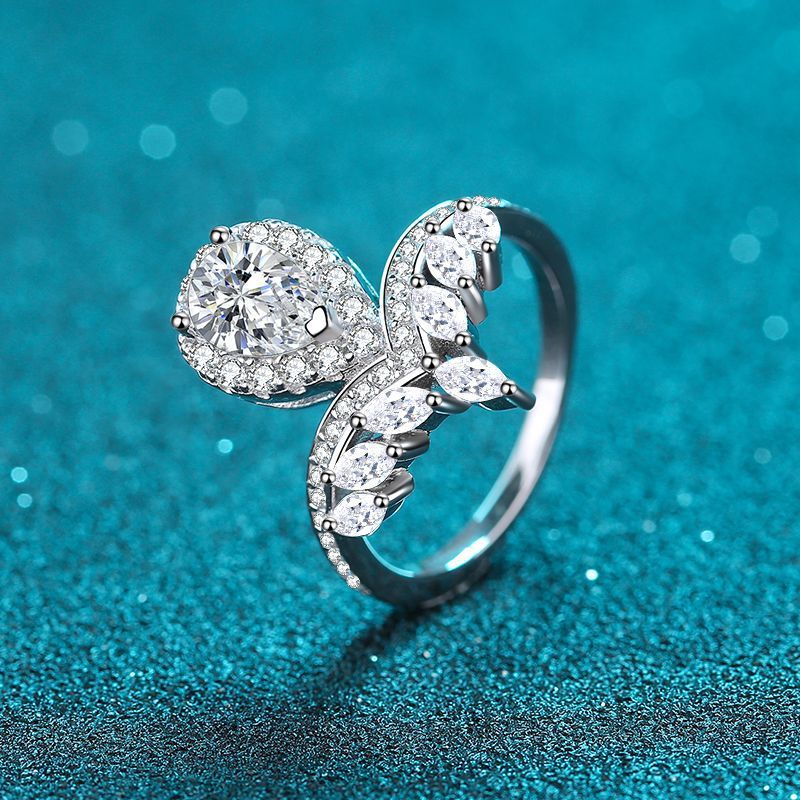Bold&Chice 1CT Pear Cut Moissanite Crown Ring, Marquise Pave S925 Silver Lab Created Diamond Ring for Women