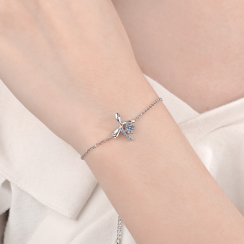 Bold&Chice 0.3CT Lovely Bow Ribbon Pave Moissanite Bracelet, S925 Silver Lab Grown Diamond, Delicate Adjustable Bracelet for Her