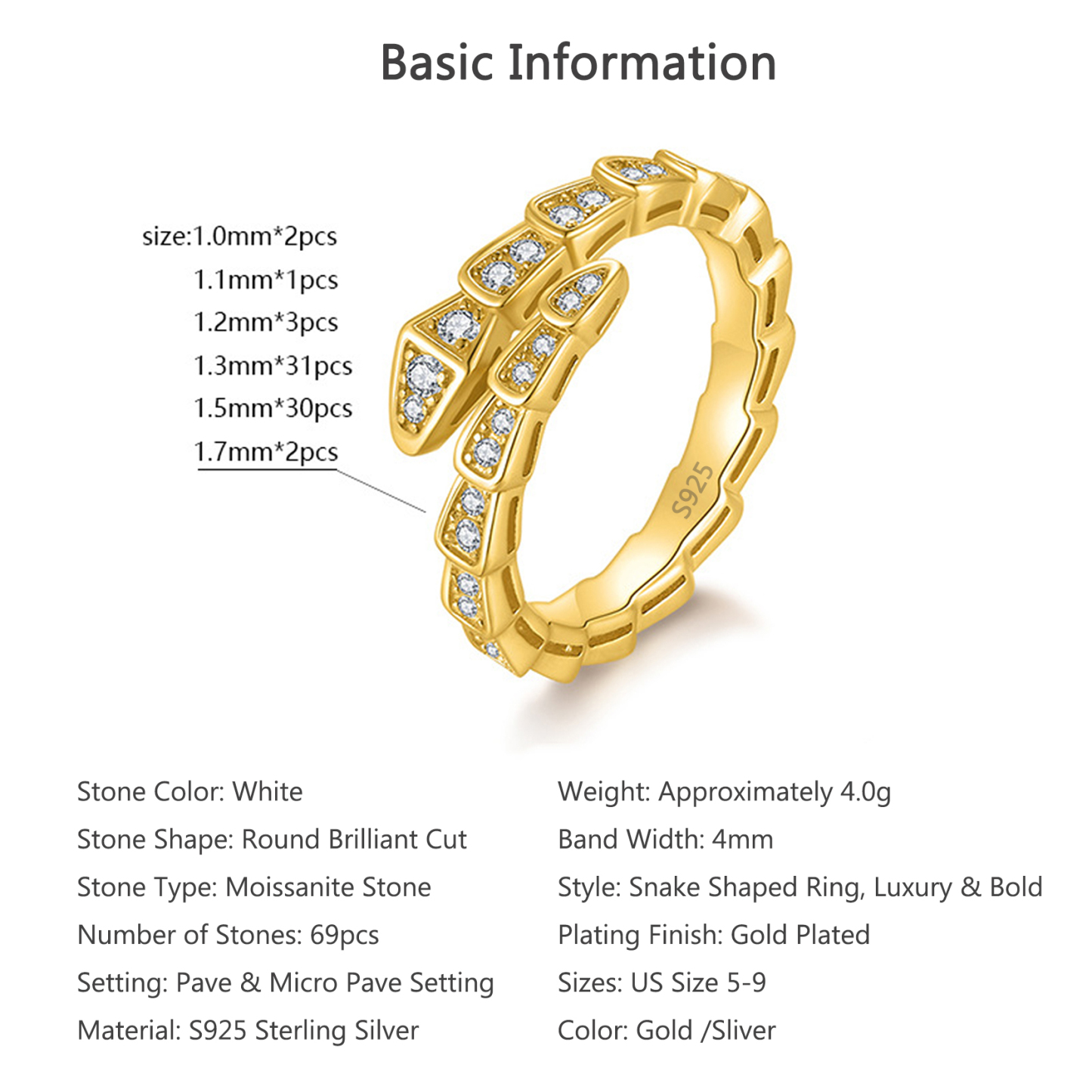 Bold&Chice Luxury Serpentine Pave Moissanite Ring, S925 Silver Lab Grown Diamond, Shiny Snake Statement Ring for Her