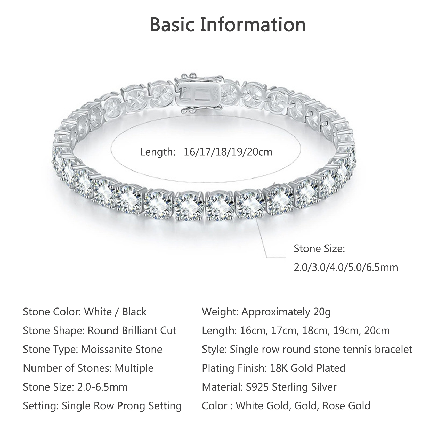Bold&Chice Luxury Round Cut Moissanite Tennis Bracelet, S925 Silver Lab Created Diamond, Shiny Single Row Statement Bracelet for Her