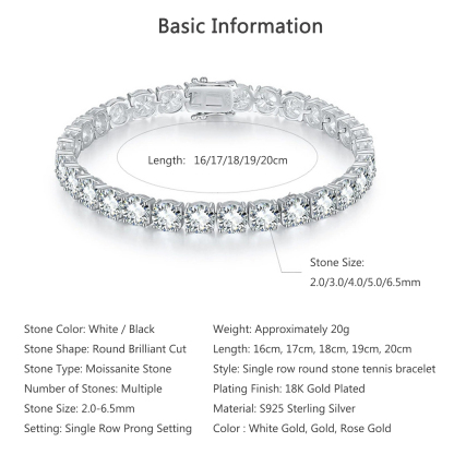 Bold&Chice Luxury Round Cut Moissanite Tennis Bracelet, S925 Silver Lab Created Diamond, Shiny Single Row Statement Bracelet for Her