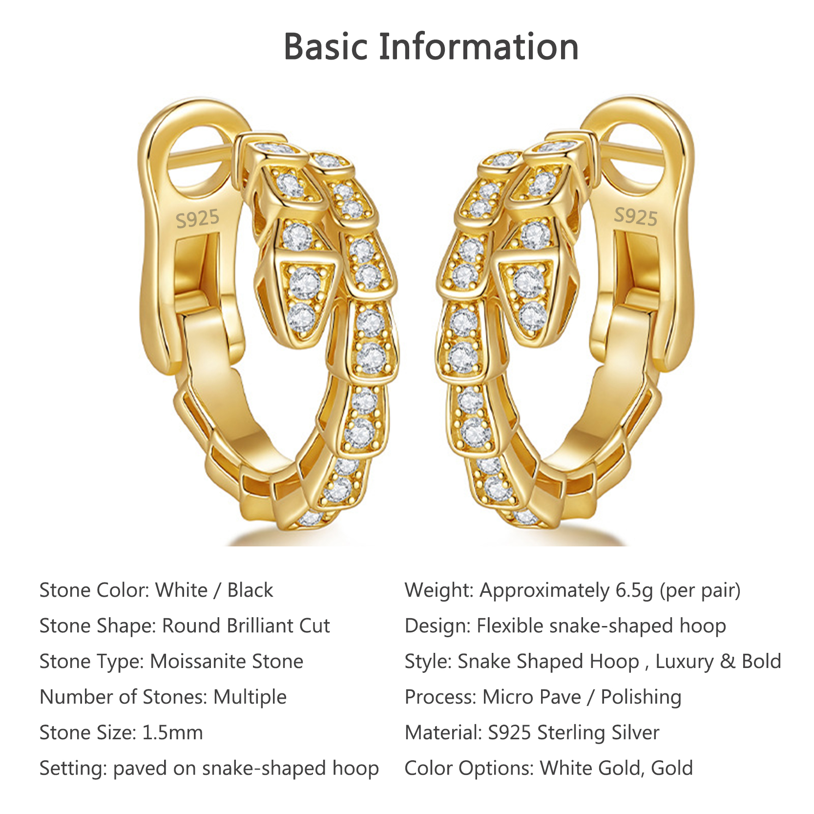 Bold&Chice Luxury Serpentine Pave Moissanite Huggie Earrings, S925 Silver Lab Grown Diamond , Shiny Snake Statement Earrings for Her