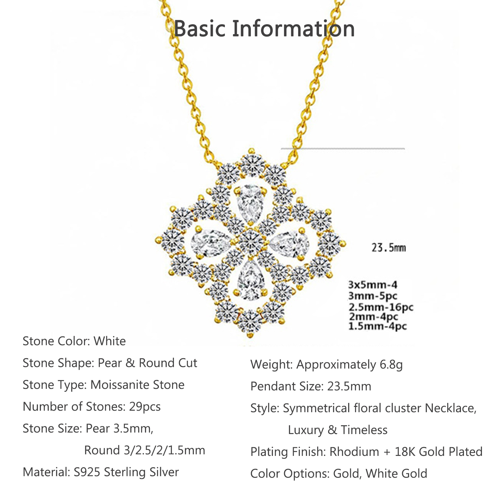 Bold&Chice Luxury Floral Cluster Moissanite Pendant Necklace, S925 Silver Lab Created Diamond, Shiny Pear & Round Statement Necklace for Her