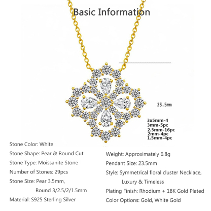 Bold&Chice Luxury Floral Cluster Moissanite Pendant Necklace, S925 Silver Lab Created Diamond, Shiny Pear & Round Statement Necklace for Her