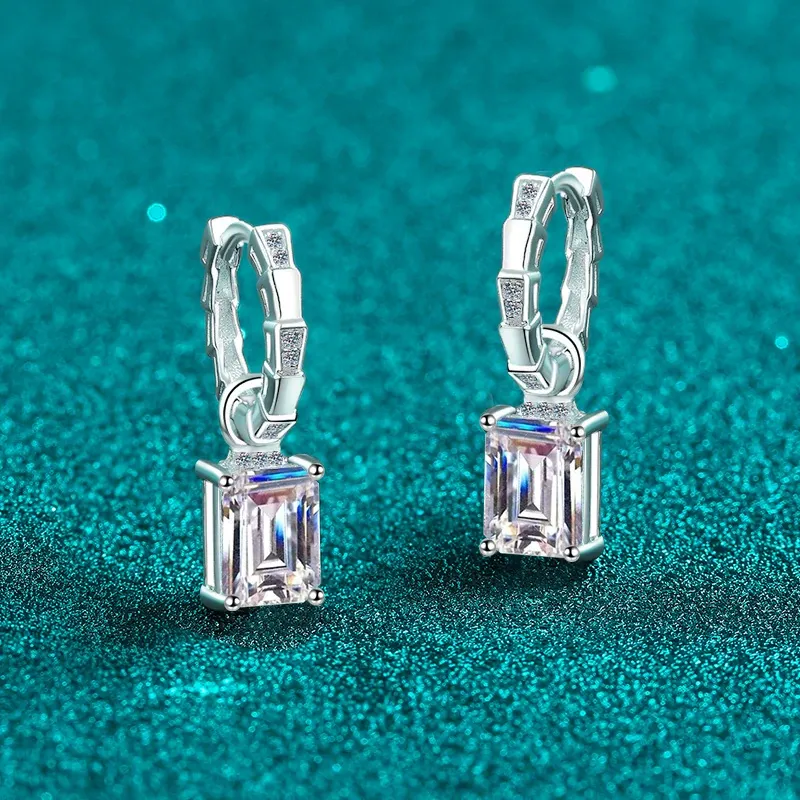 Bold&Chice 4CT Emerald / Radiant Cut Moissanite Drop Earrings, Baguette Huggie S925 Silver Lab Created Diamond Earrings for Women
