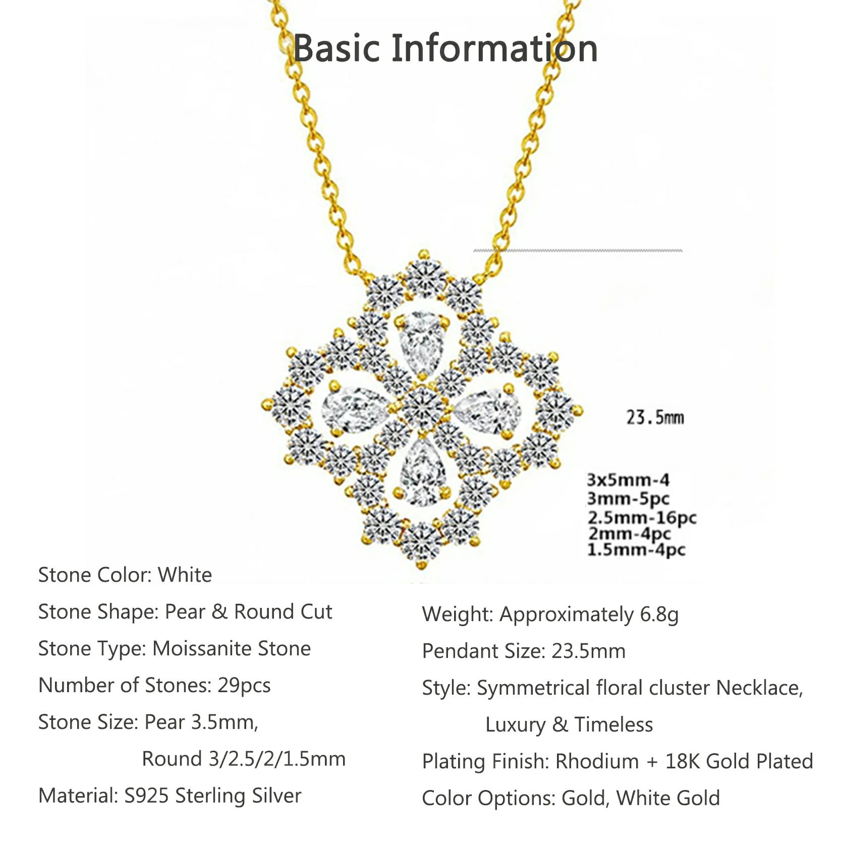 Bold&Chice Luxury Floral Cluster Moissanite Pendant Necklace, S925 Silver Lab Created Diamond, Shiny Pear & Round Statement Necklace for Her