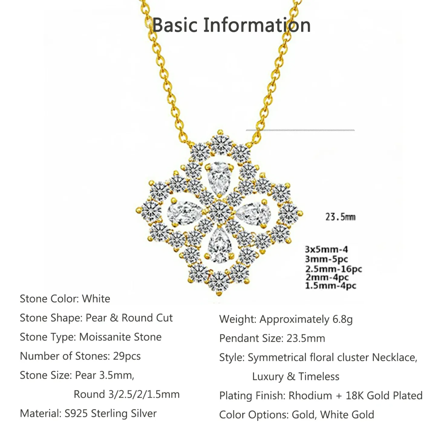 Bold&Chice Luxury Floral Cluster Moissanite Pendant Necklace, S925 Silver Lab Created Diamond, Shiny Pear & Round Statement Necklace for Her