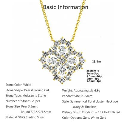Bold&Chice Luxury Floral Cluster Moissanite Pendant Necklace, S925 Silver Lab Created Diamond, Shiny Pear & Round Statement Necklace for Her