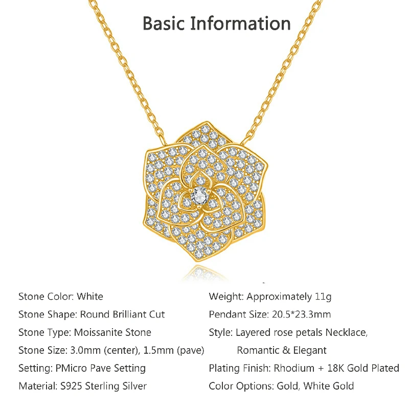 Bold&Chice Blooming Rose Pave Moissanite Pendant Necklace, 18K Gold Plated S925 Silver Lab Created Diamond, Elegant Floral Statement Necklace for Her