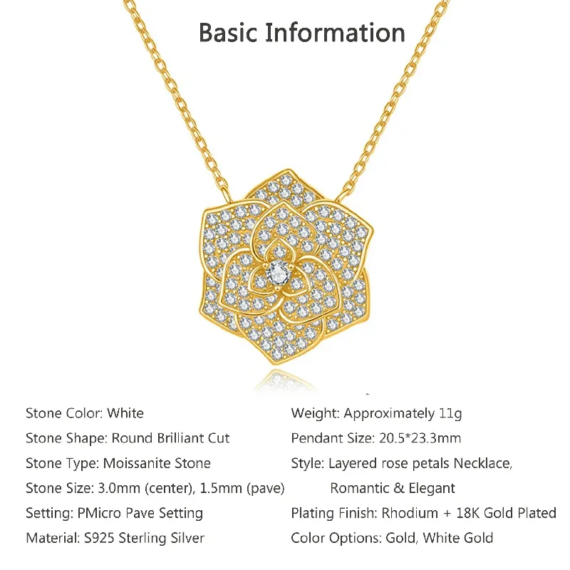 Bold&Chice Blooming Rose Pave Moissanite Pendant Necklace, 18K Gold Plated S925 Silver Lab Created Diamond, Elegant Floral Statement Necklace for Her