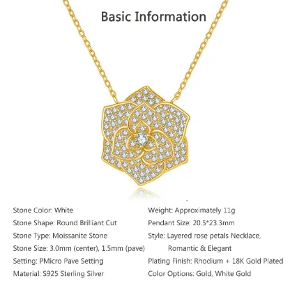 Bold&Chice Blooming Rose Pave Moissanite Pendant Necklace, 18K Gold Plated S925 Silver Lab Created Diamond, Elegant Floral Statement Necklace for Her