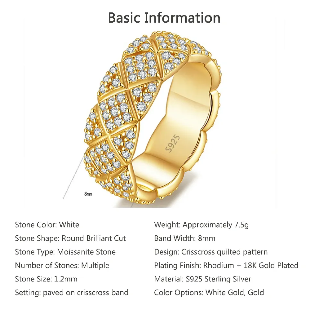 Bold&Chice Luxury Quilted Pave Moissanite Ring, 18K Gold Plated S925 Silver Lab Created Diamond, Shiny Grid Statement Ring for Her