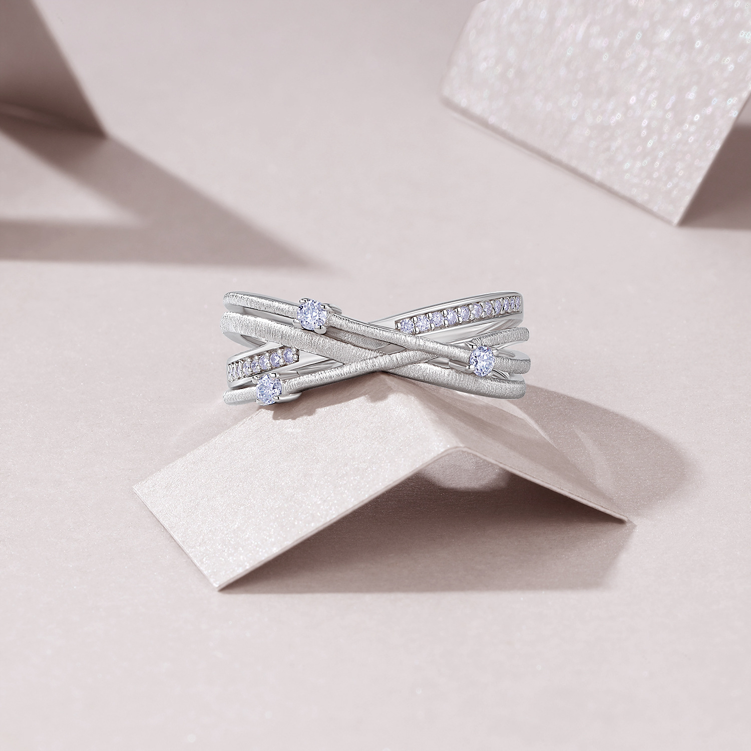 Bold&Chice Starlight Criss Cross Ring, Lab Created Moissanite, S925 Silver Multi-Layer Band for Her