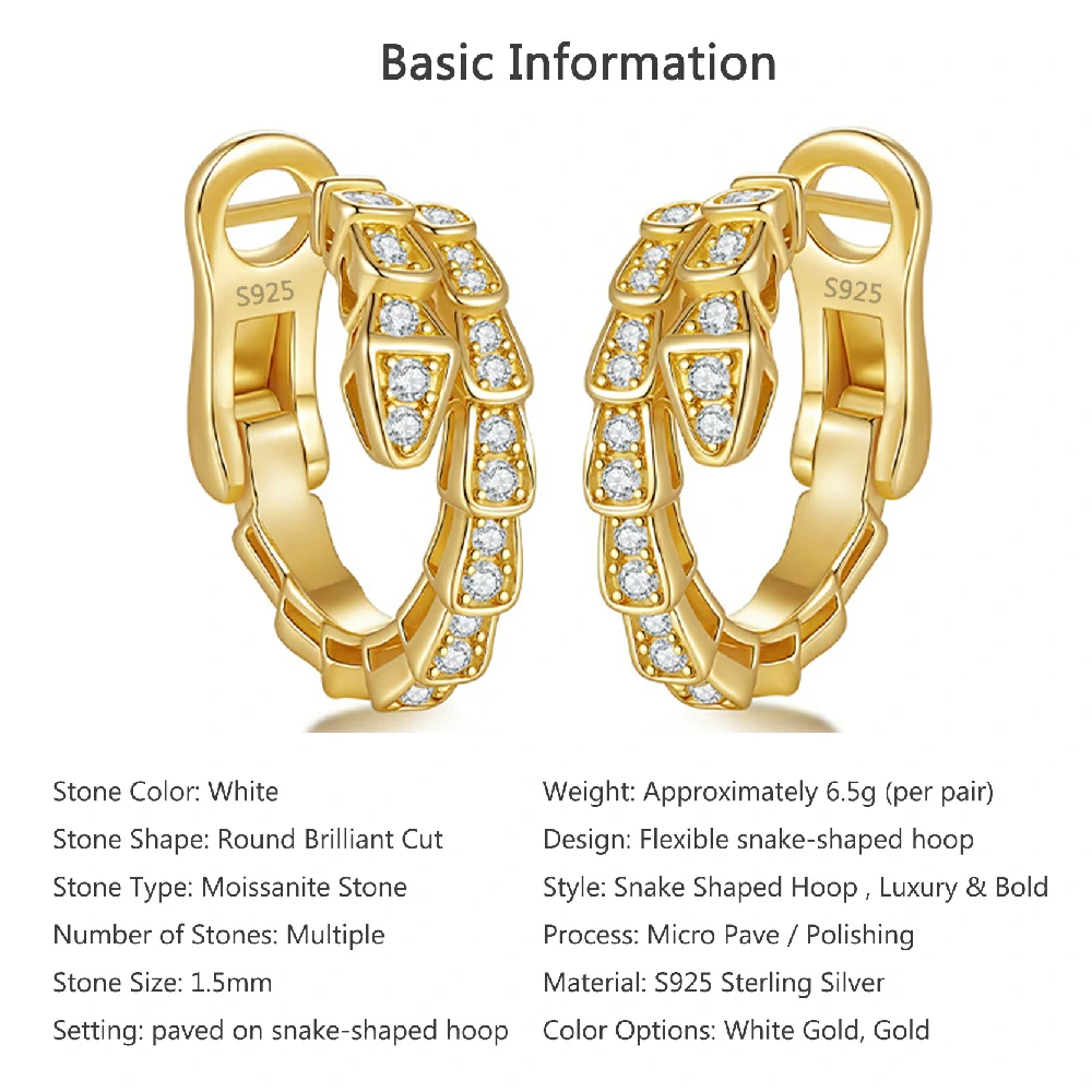 Bold&Chice Luxury Serpentine Pave Moissanite Huggie Earrings, 18K Gold Plated S925 Silver Lab Grown Diamond , Shiny Snake Statement Earrings for Her