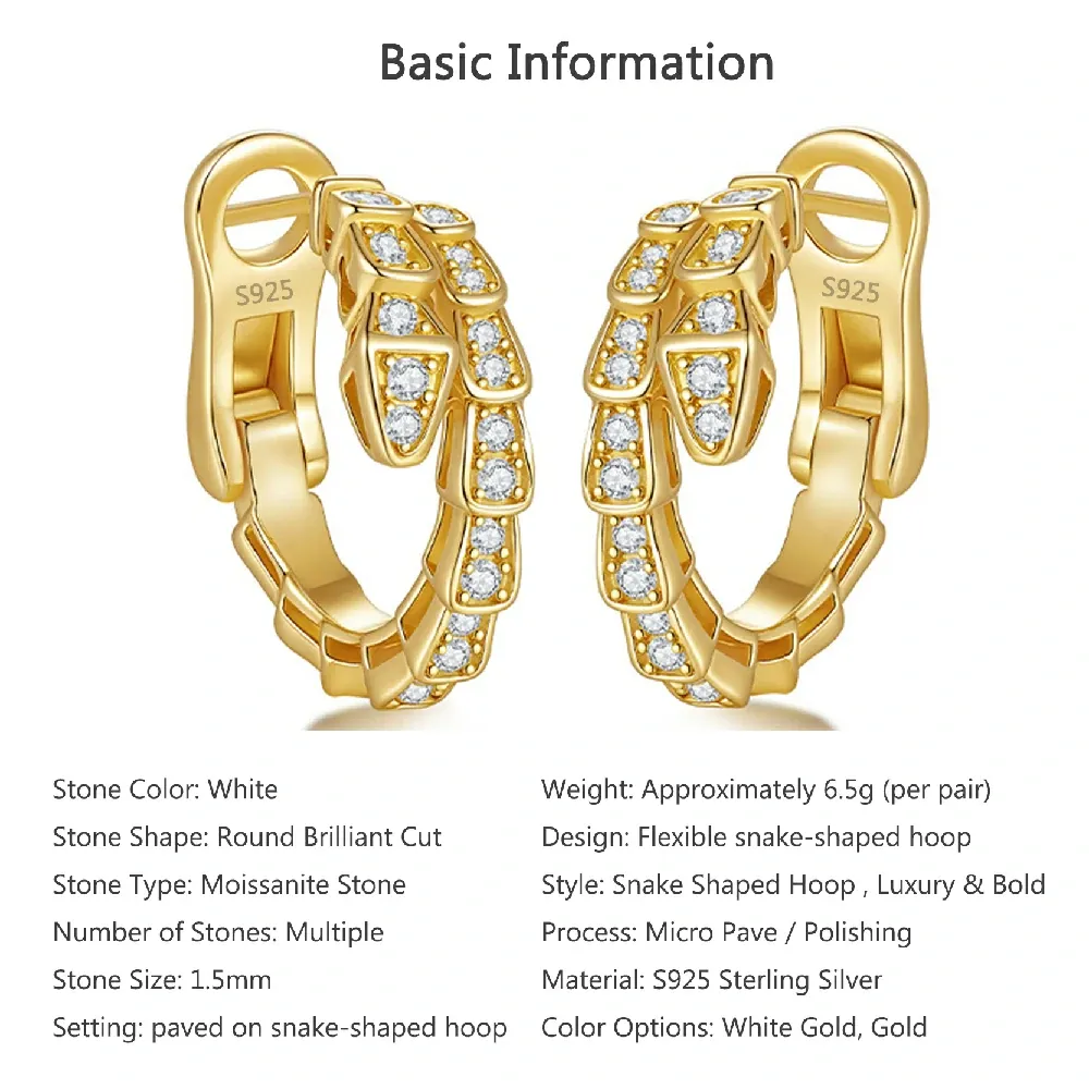 Bold&Chice Luxury Serpentine Pave Moissanite Huggie Earrings, 18K Gold Plated S925 Silver Lab Grown Diamond , Shiny Snake Statement Earrings for Her