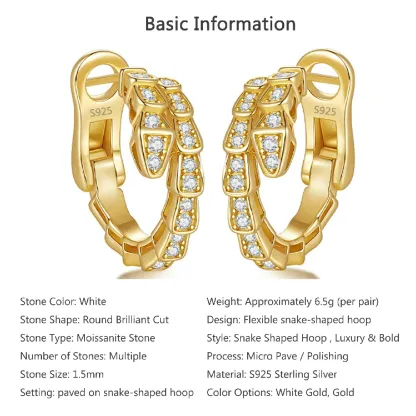 Bold&Chice Luxury Serpentine Pave Moissanite Huggie Earrings, 18K Gold Plated S925 Silver Lab Grown Diamond , Shiny Snake Statement Earrings for Her