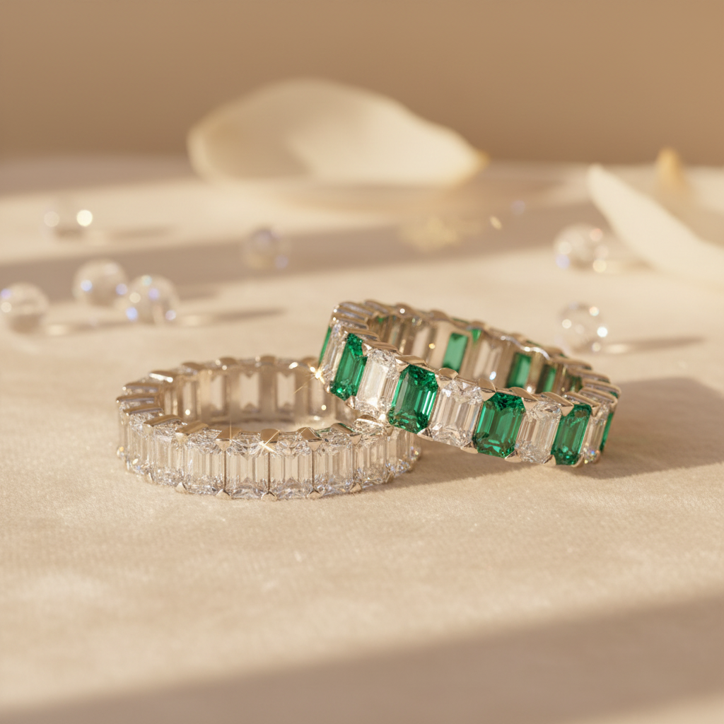 Bold&Chice Lab-Grown Moissanite Ring, Full Circle Emerald-Cut Pavé Band, Vintage Luxury Style Engagement/Wedding/Proposal Ring for Women, Dual Clear & Emerald Green Designs, S925 Silver, Mother’s Day/Valentine’s Day Gift