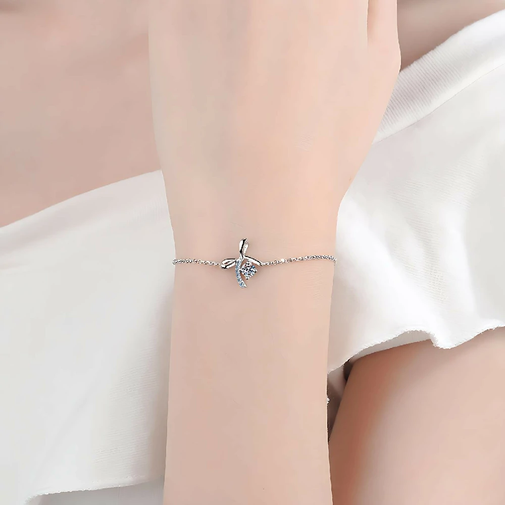 Bold&Chice 0.3CT Lovely Bow Ribbon Pave Moissanite Bracelet, S925 Silver Lab Grown Diamond, Delicate Adjustable Bracelet for Her