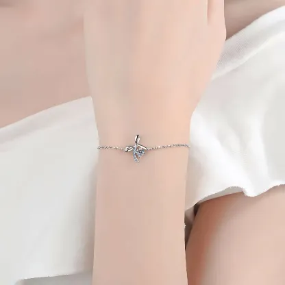 Bold&Chice 0.3CT Lovely Bow Ribbon Pave Moissanite Bracelet, S925 Silver Lab Grown Diamond, Delicate Adjustable Bracelet for Her