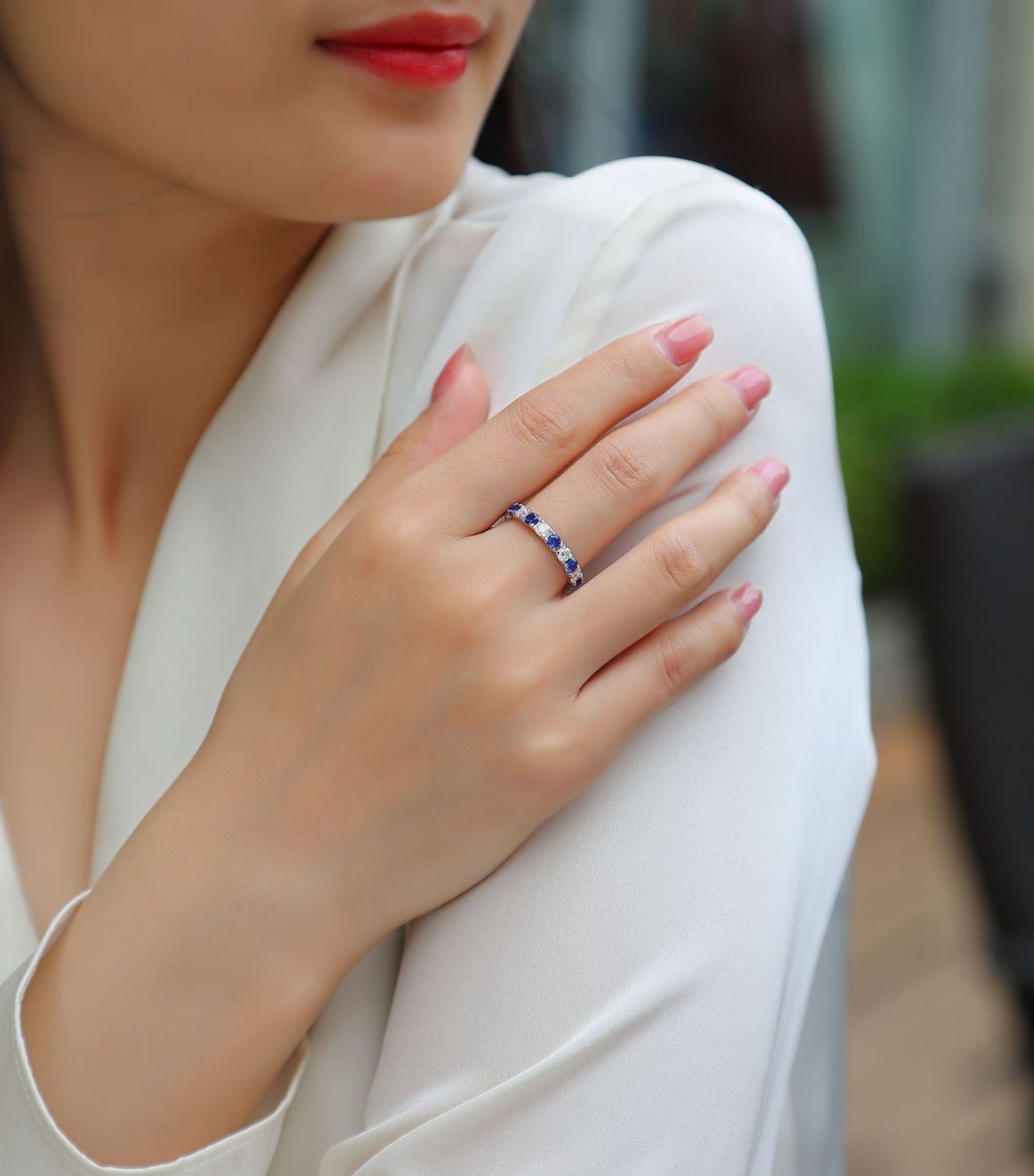 Bold&Chice Blue Sapphire & White Moissanite Eternity Band, Lab Created Diamond Alternating Ring, Unisex S925 Silver Stackable Ring