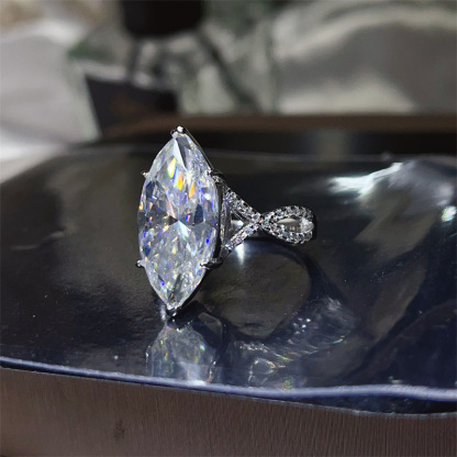 Bold&Chice 10CT Marquise Cut Moissanite Engagement Ring, Lab Created Diamond Ring, S925 Silver Pave Band for Women