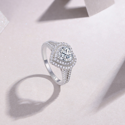 Bold&Chice 1CT Heart-Shaped Moissanite Engagement Ring, Double Halo Pave Band, S925 Silver Lab Created Diamond Ring for Women