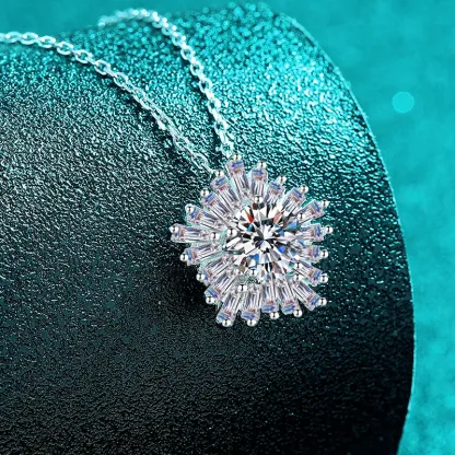 Bold&Chice Gorgeous Sunflower Baguette Moissanite Necklace, S925 Silver Lab Created Diamond, Shiny Floral Statement Necklace for Her